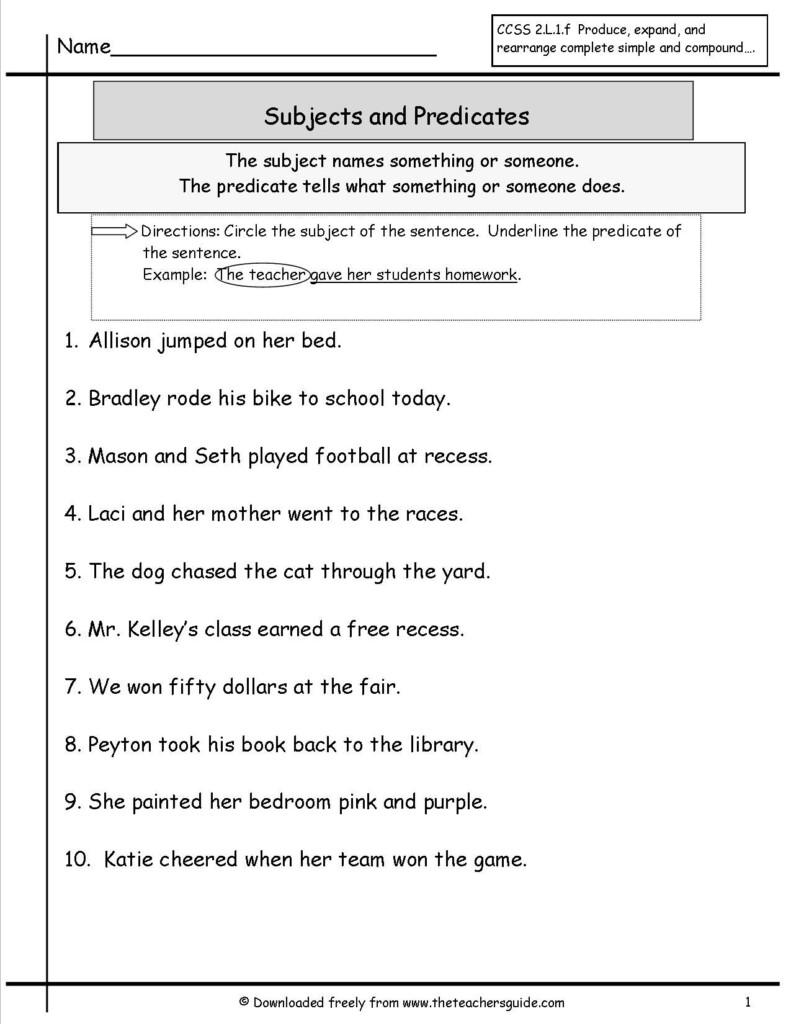 Sentences Worksheets From The Teacher s Guide Subject And Predicate 