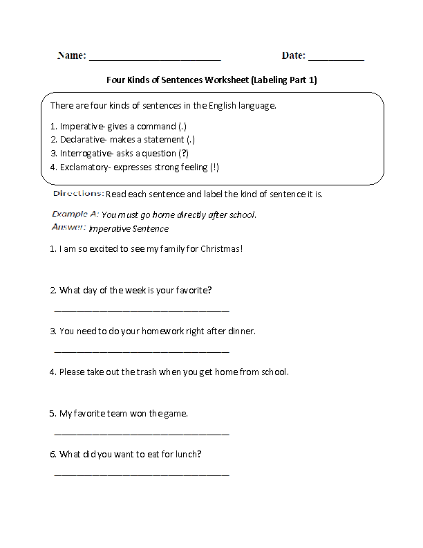 Sentences Worksheets Kinds Of Sentences Worksheets