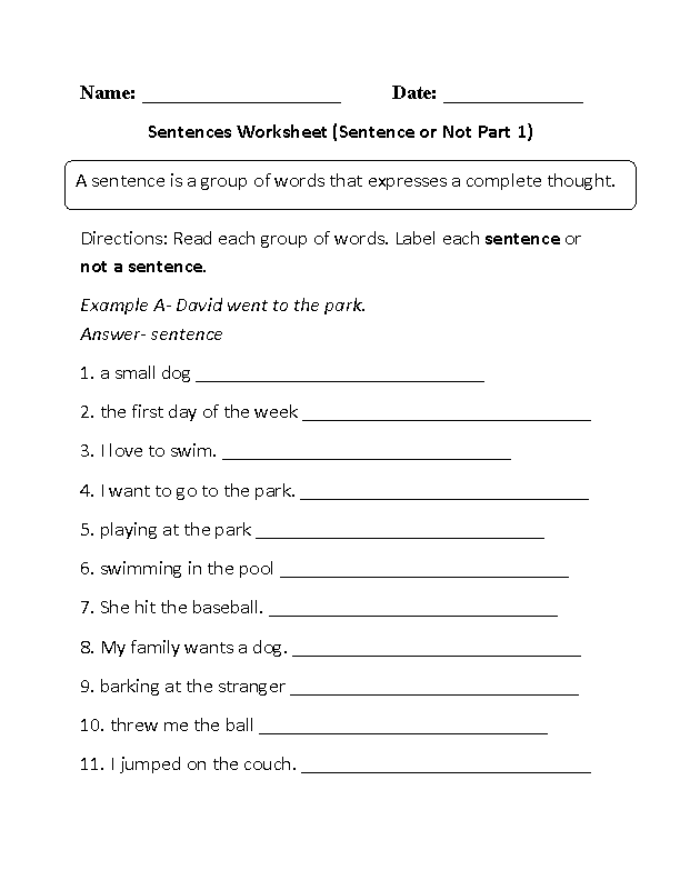 Sentences Worksheets Simple Sentences Worksheets