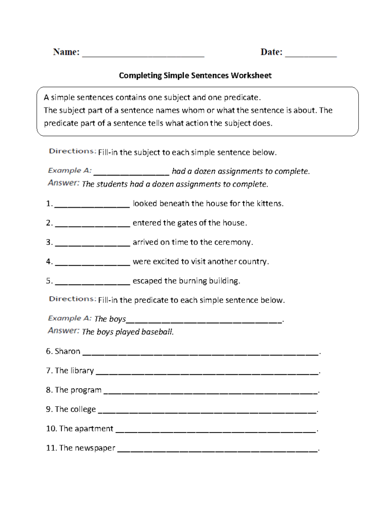 Sentences Worksheets Simple Sentences Worksheets