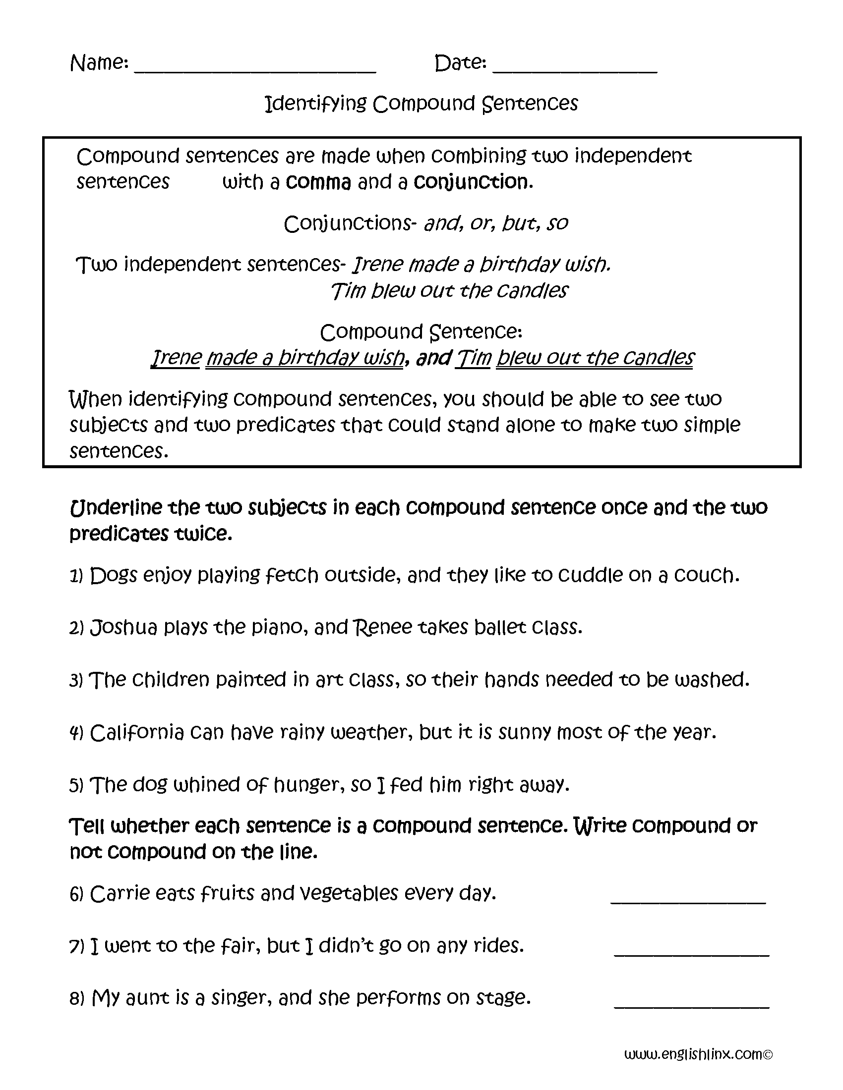 Simple Compound And Complex Sentences Quiz For Grade 6 Carol Brunson