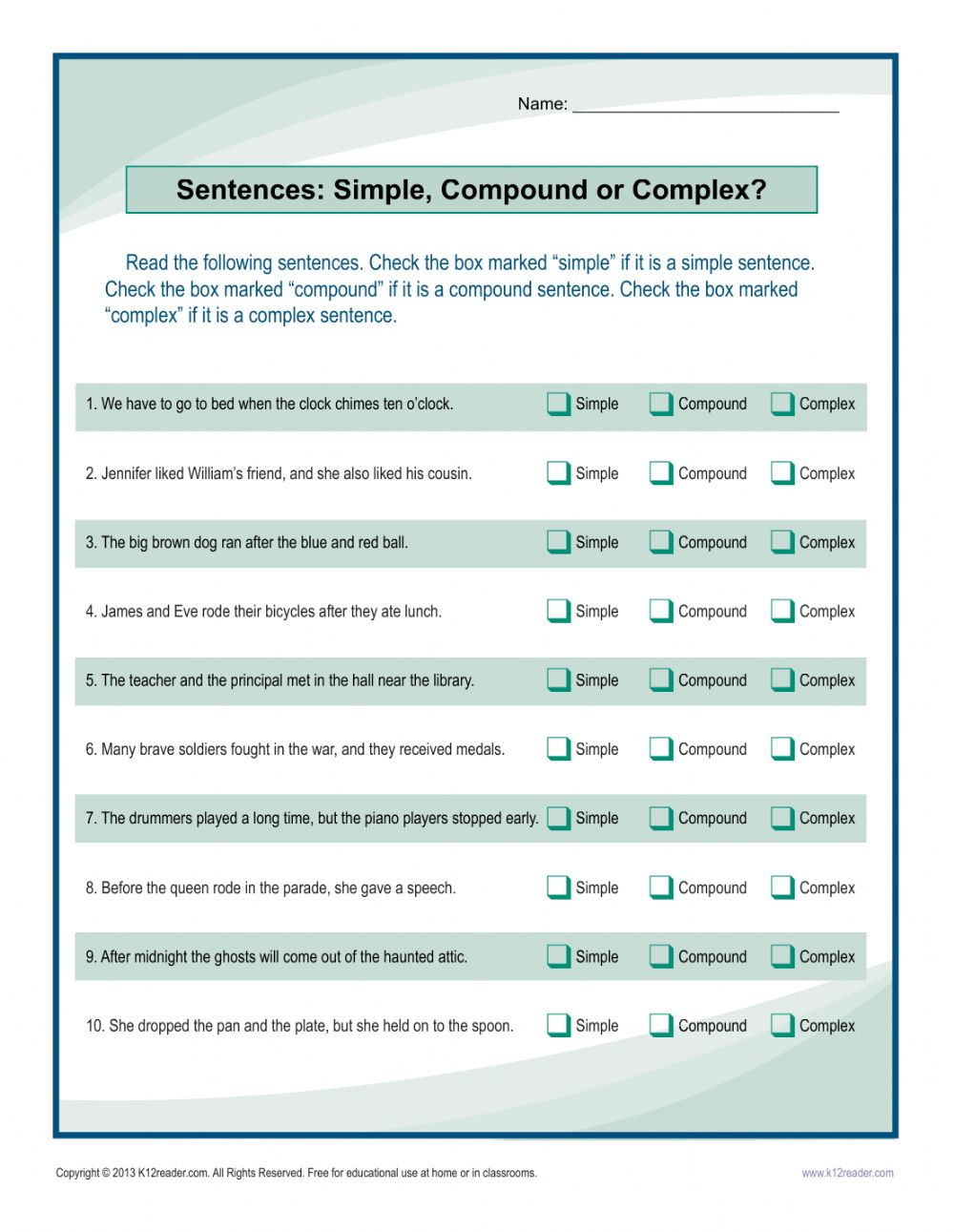 Simple compound And Complex Sentences Worksheet