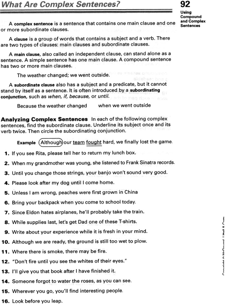 Simple Compound And Complex Sentences Worksheet With Answers Pdf 