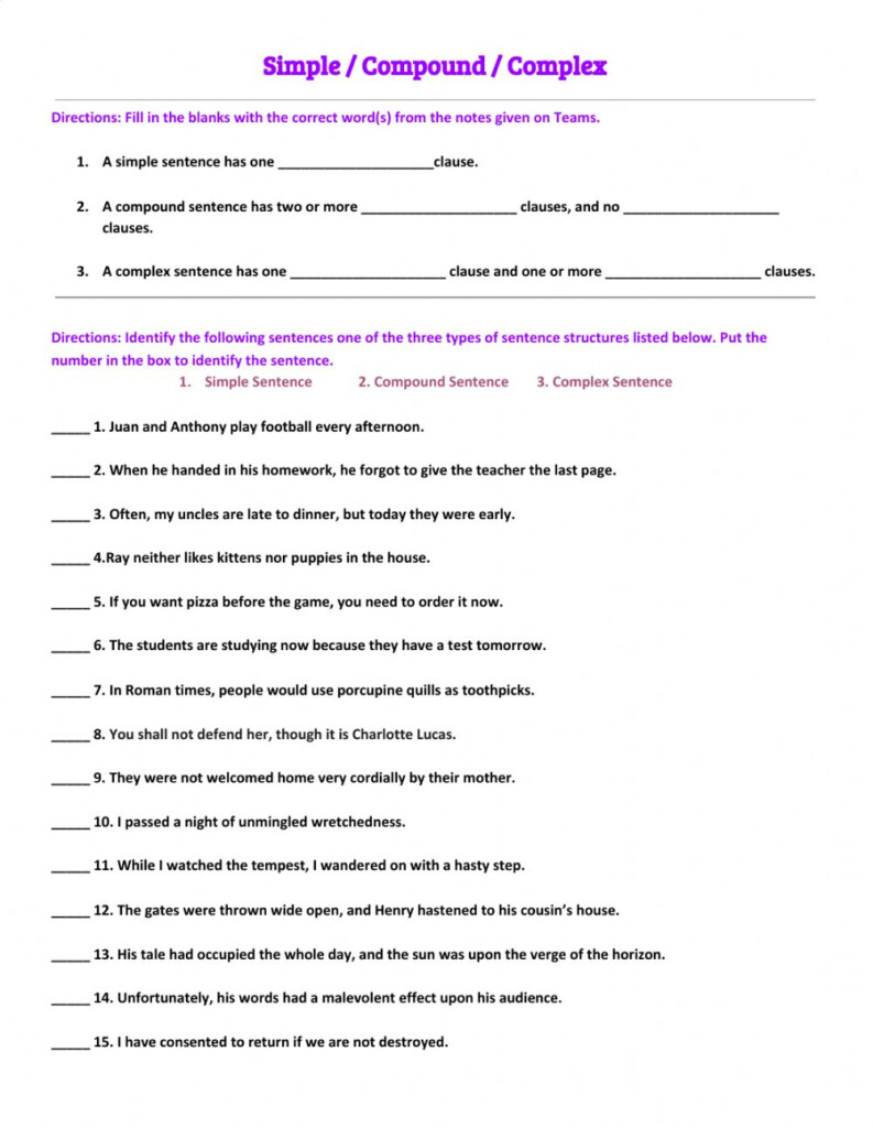 Simple Compound Complex Sentences Worksheet