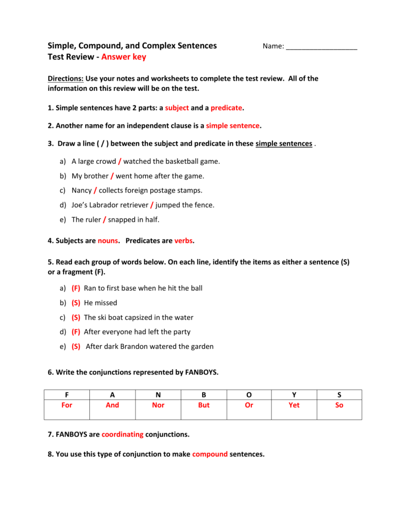 Simple Compound Complex Test Review Answer Key