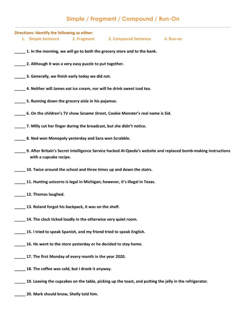 Simple Compound Fragment Run on Sentences Worksheet