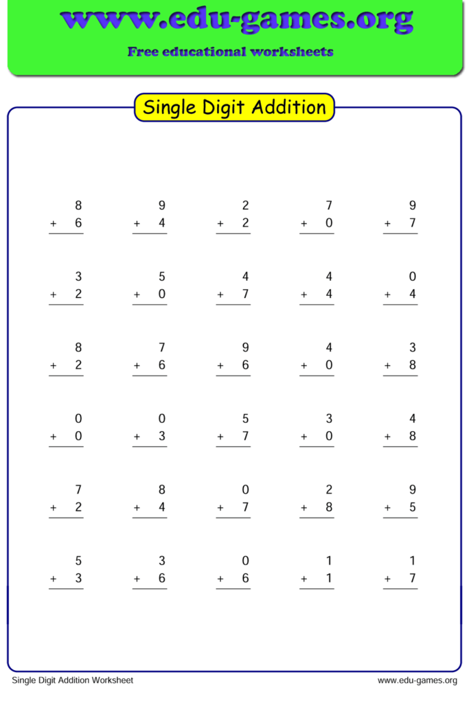 Single Digit Addition Worksheet Generator Grade 1 Free Printable 