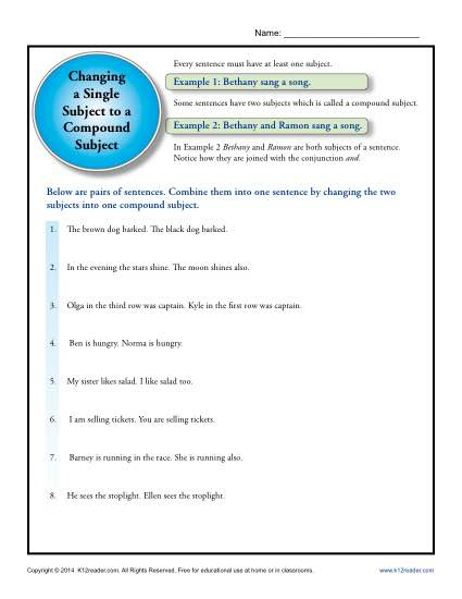 Single Subject To A Compound Subject Printable Worksheet