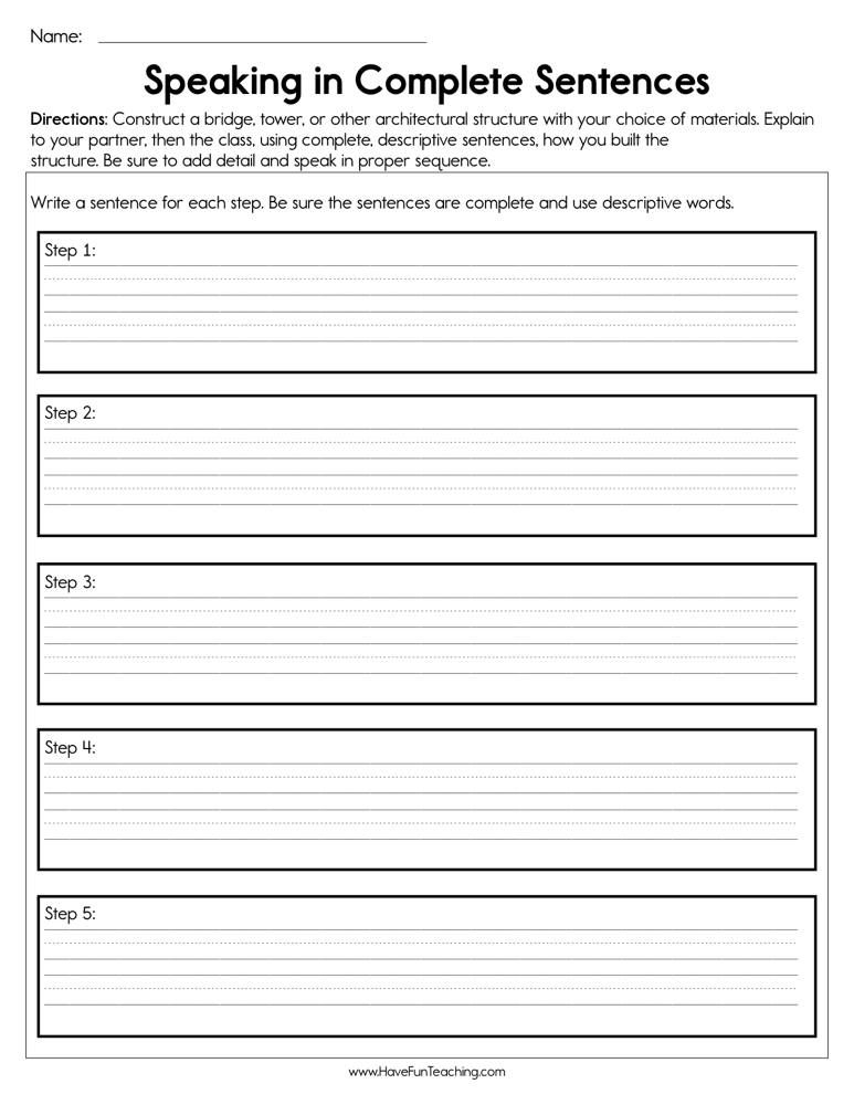 Speaking In Complete Sentences Worksheet Writing Complete Sentences 