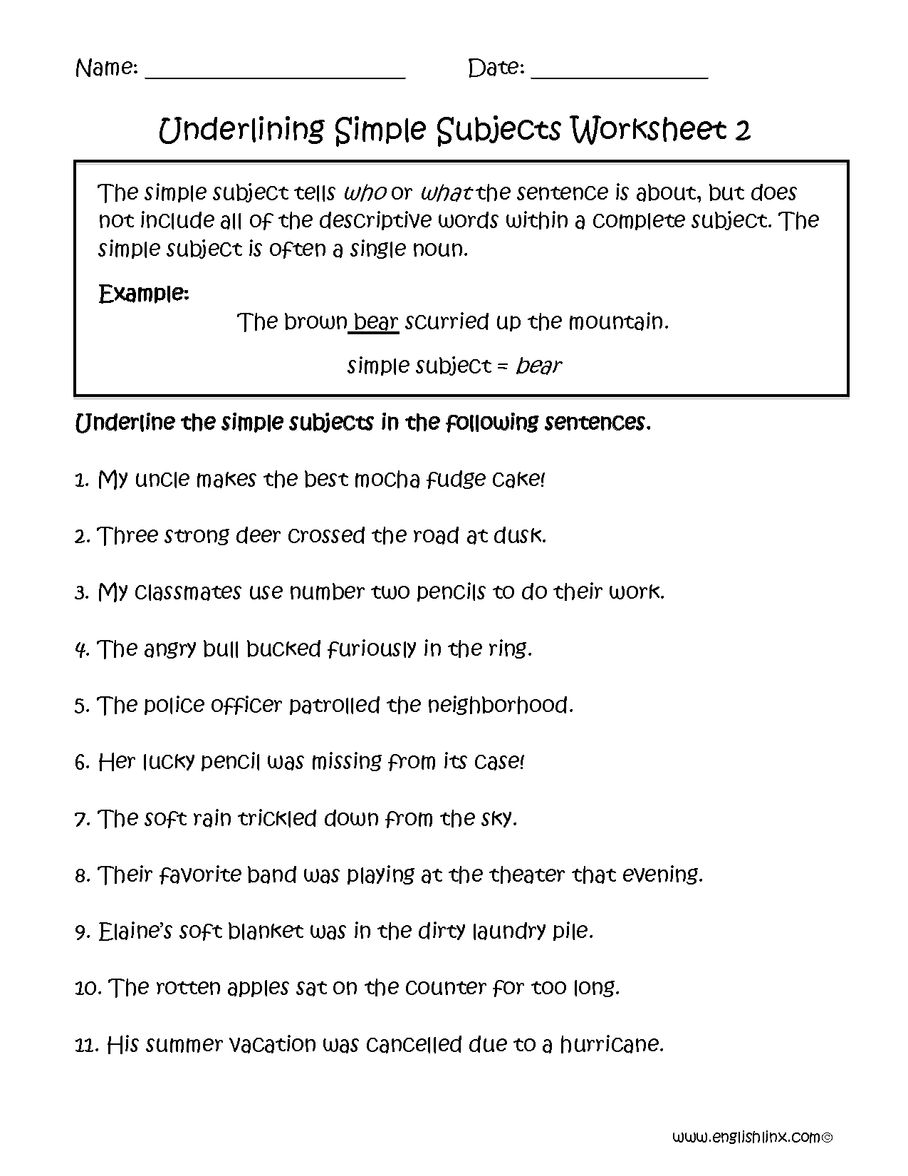 Subject And Predicate Worksheets Underlining Simple Subject Worksheet