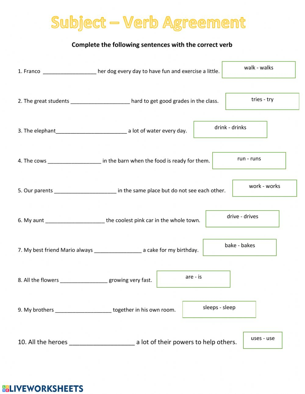 Subject Verb Agreement Worksheet