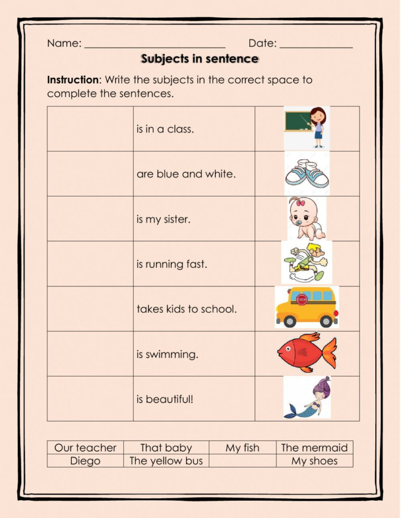 Subjects In A Sentence Worksheet