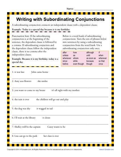 Subordinating Conjunctions Worksheet In 2020 Conjunctions Worksheet 