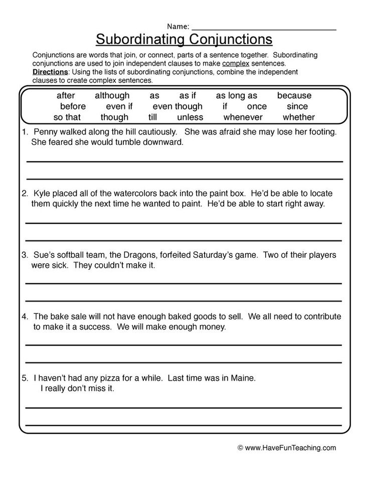 Subordinating Conjunctions Worksheets 4th Grade Complex Sentences