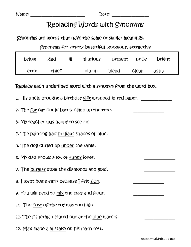 Synonyms Worksheets Replacing Words With Synonyms Worksheets 