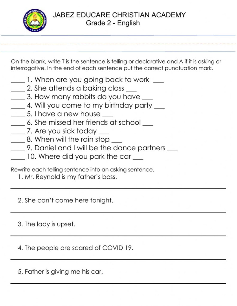 Telling And Asking Sentence Worksheet