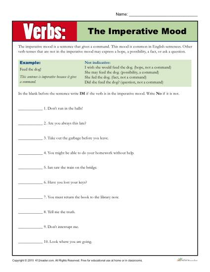 The Imperative Mood Verb Worksheet