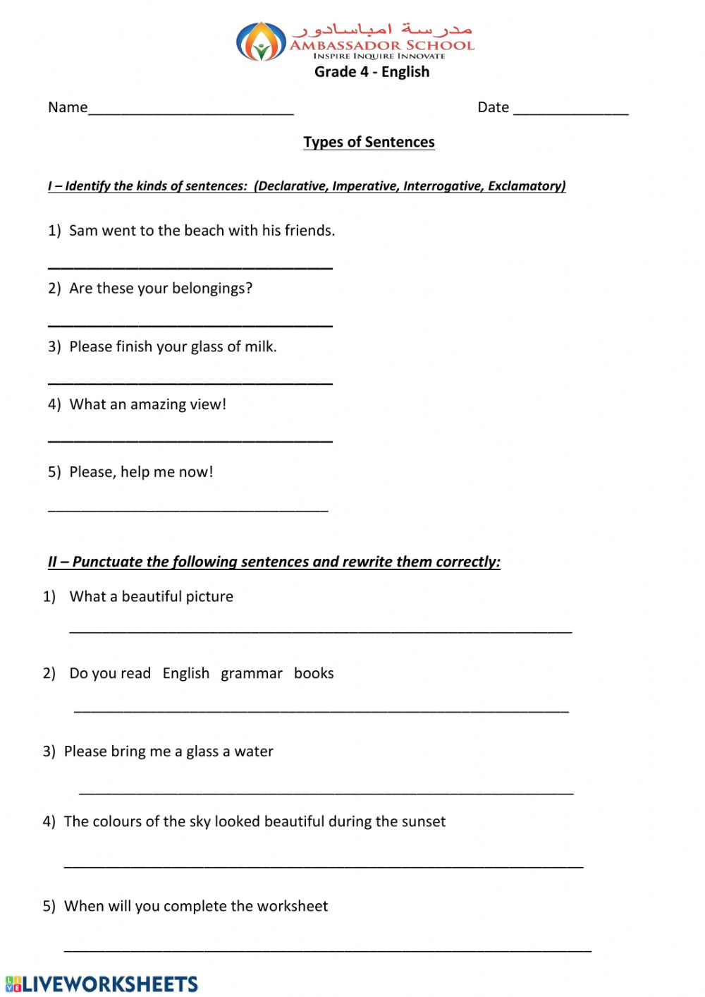 Types Of Sentences Activity