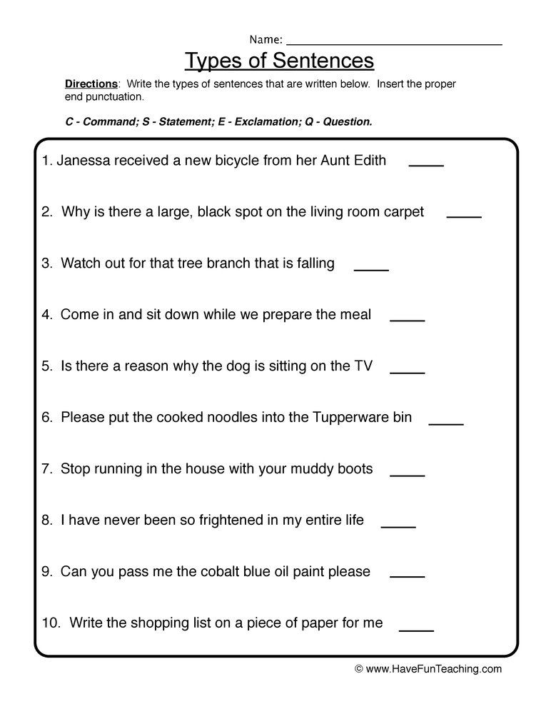 Types Of Sentences Worksheet Types Of Sentences Worksheet Types Of