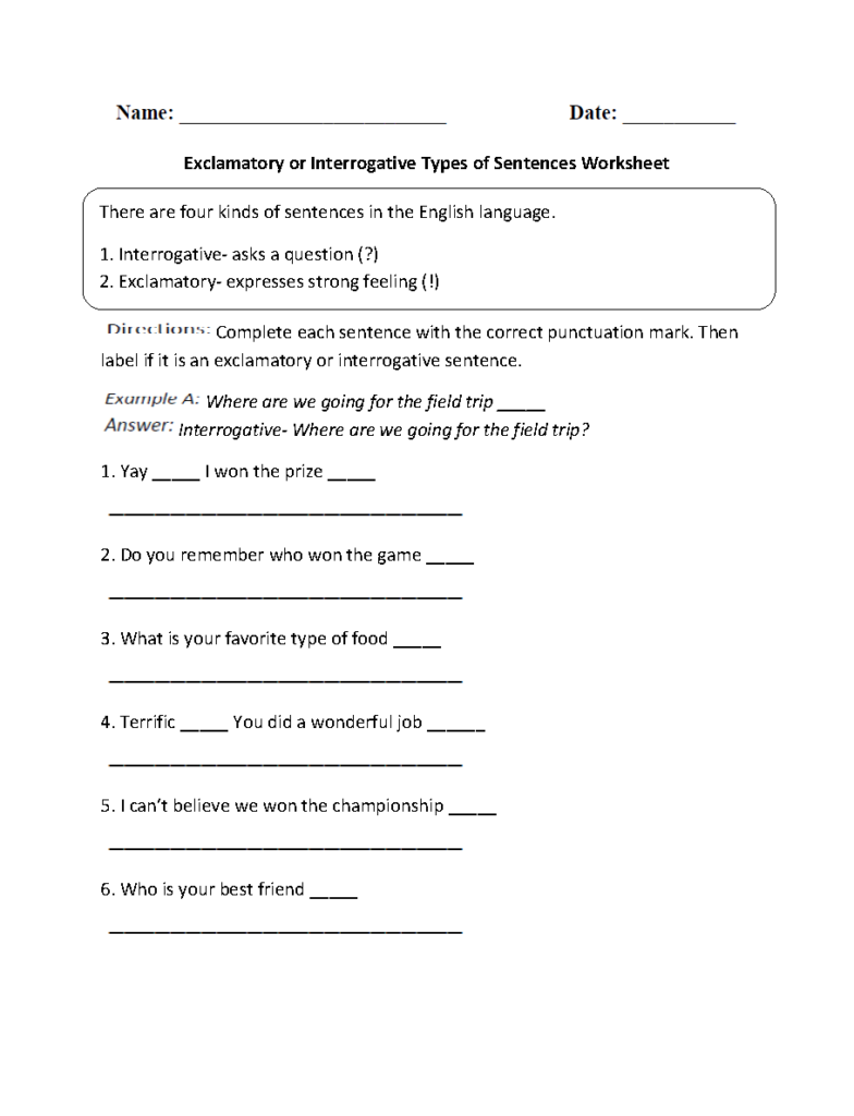 Types Of Sentences Worksheets Exclamatory Or Interrogative Types Of 