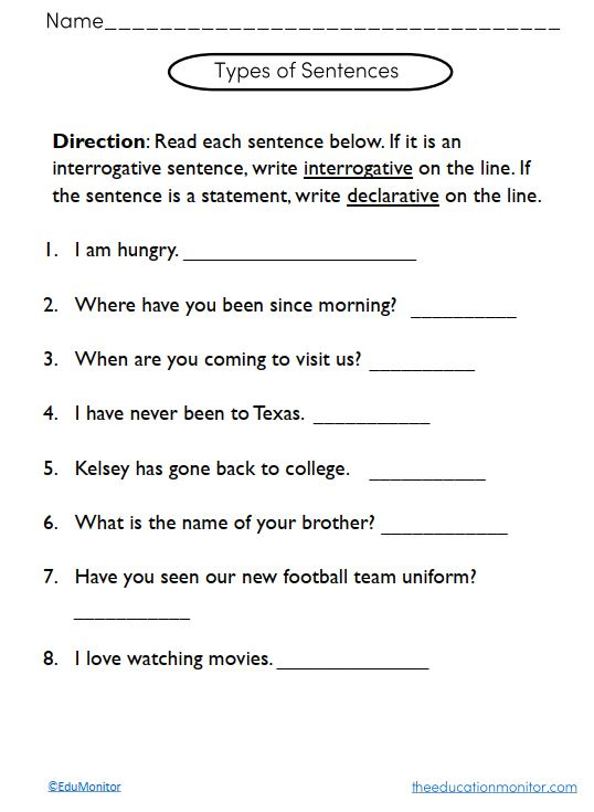 Types Of Sentences Worksheets For Kids EduMonitor