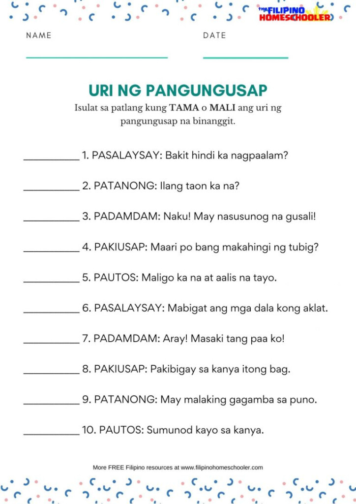 Uri Ng Pangungusap Worksheets The Filipino Homeschooler