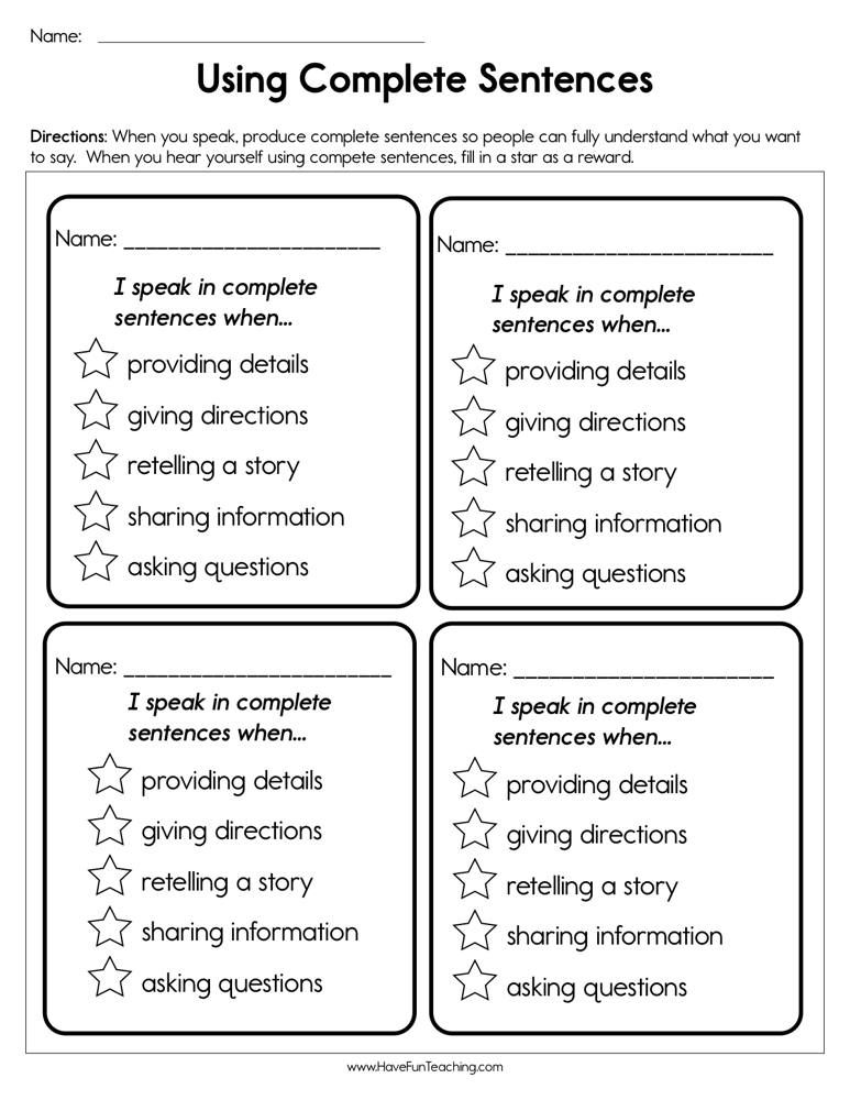 Using Complete Sentences Worksheet Teaching Complete Sentences Fact 