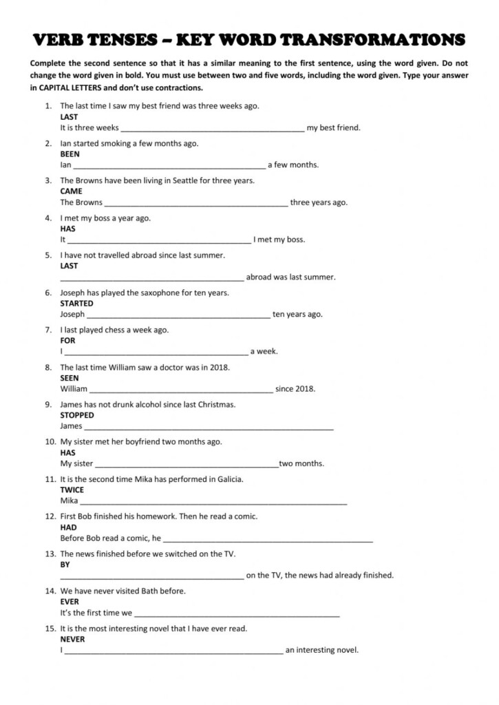 Verb Tenses Key Word Transformations Worksheet