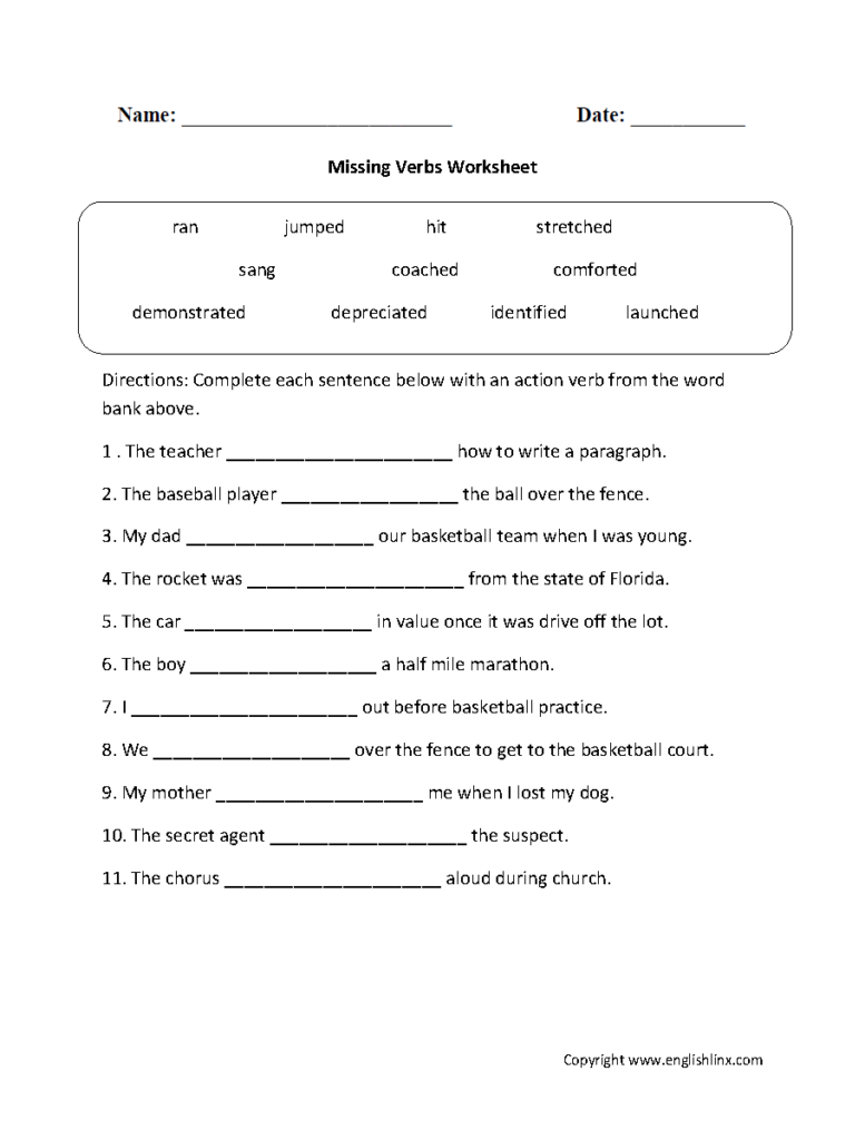 Verb Worksheets 4th Grade