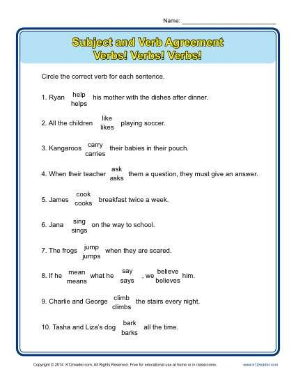 Verbs Verbs Verbs Subject Verb Agreement Worksheets Subject And 