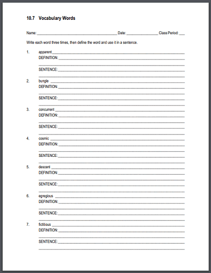 Vocabulary Terms 10 7 Sentences And Definitions Worksheet Student 