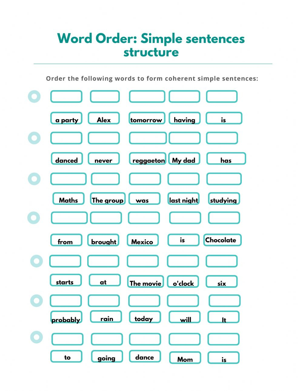 Word Order Simple English Sentences Worksheet