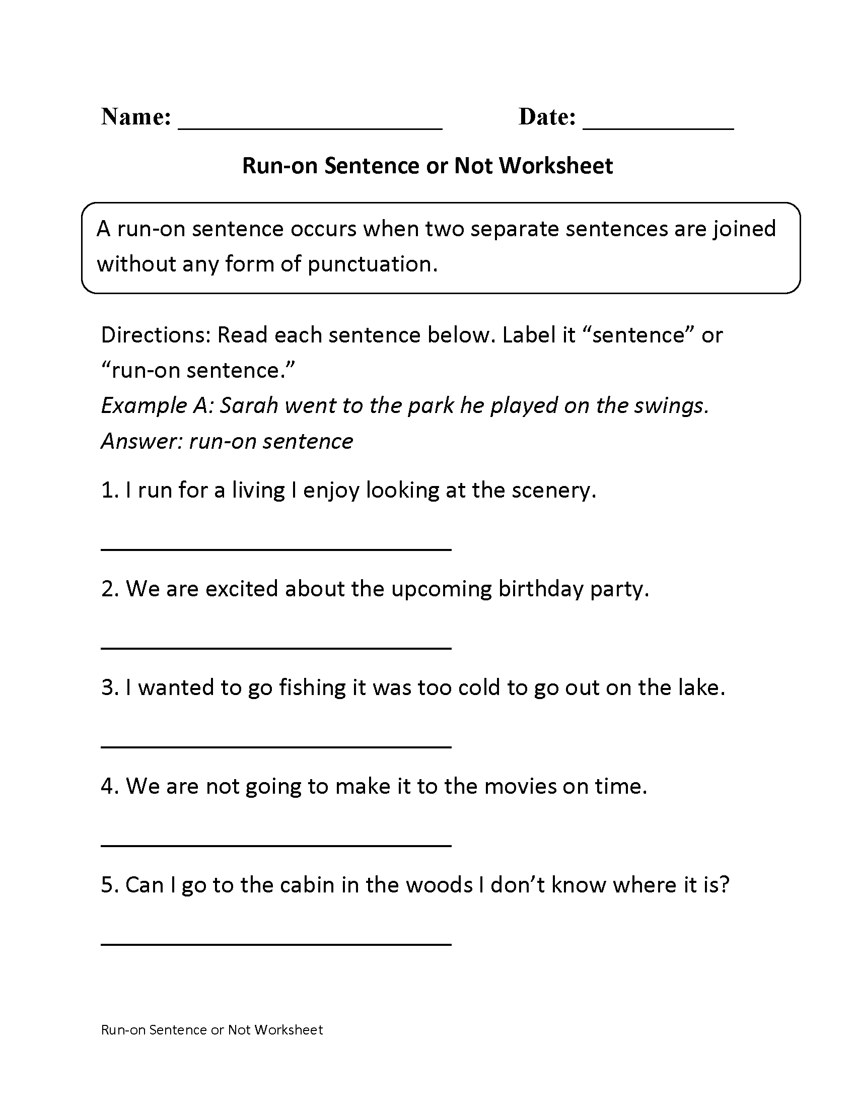 Worksheet Examples Of Run On Sentences Worksheet