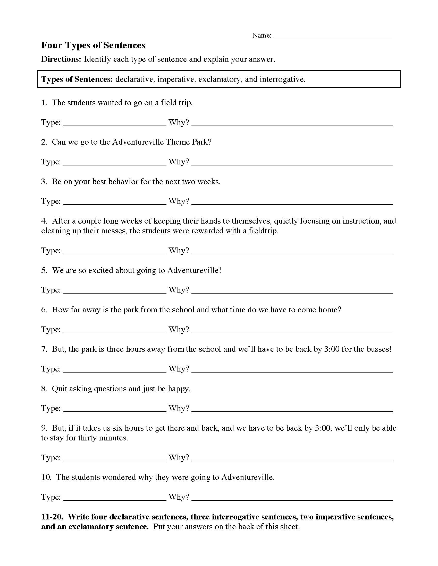 Worksheet On Types Of Sentences Grade 4 Printable Worksheets And