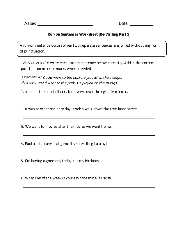 Worksheets On Run On Sentences For 4th Grade Latest Spaces