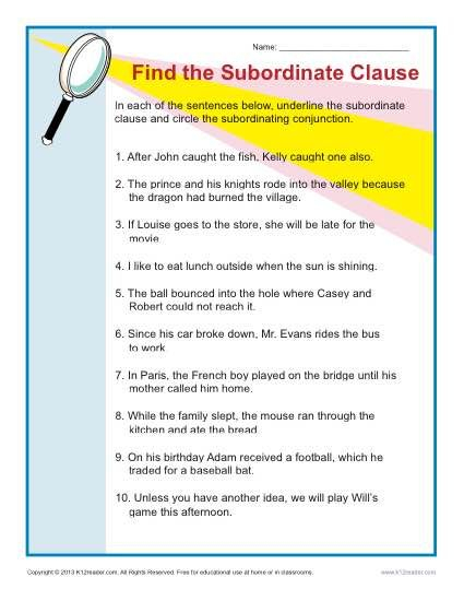 Worksheets With Subordinate Clauses Printable Iwth Answers Learning 