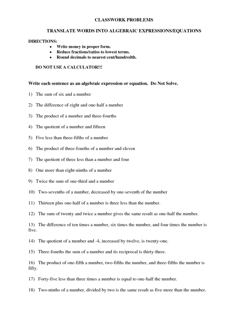 Write Each Sentence As An Algebraic Equation Writing Algebraic 