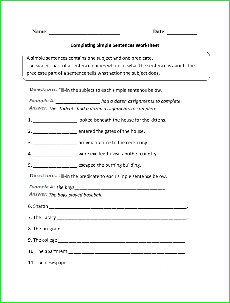 Writing Complete Sentences Worksheets 6th Grade Uncategorized