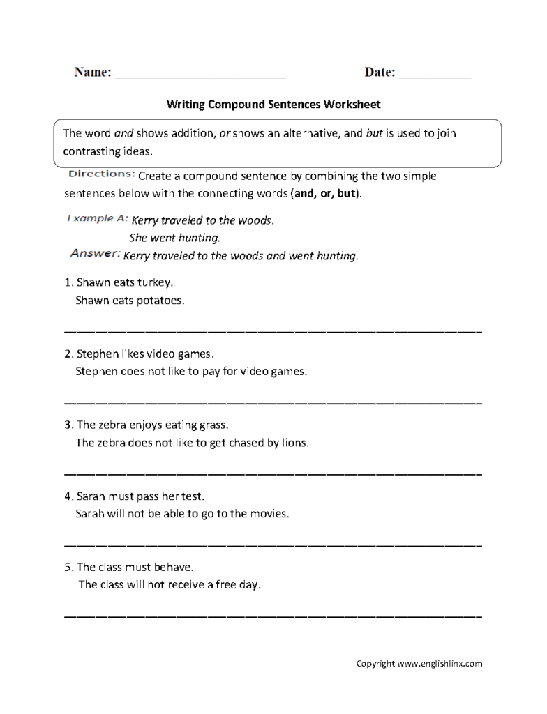 Writing Compound Sentences Worksheet Compound Sentences Combining 