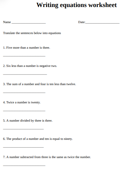 Writing Equations Worksheet Writing Equations Equations Math Worksheets