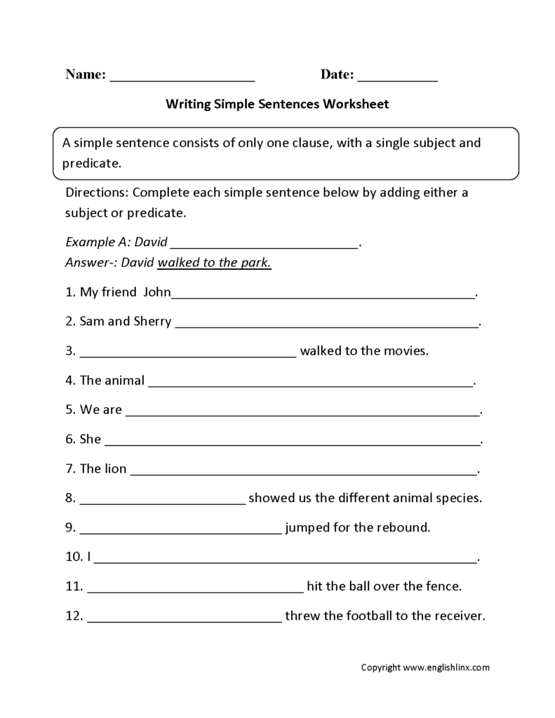 Writing Simple Sentences Worksheet Simple Sentences Worksheet Simple 