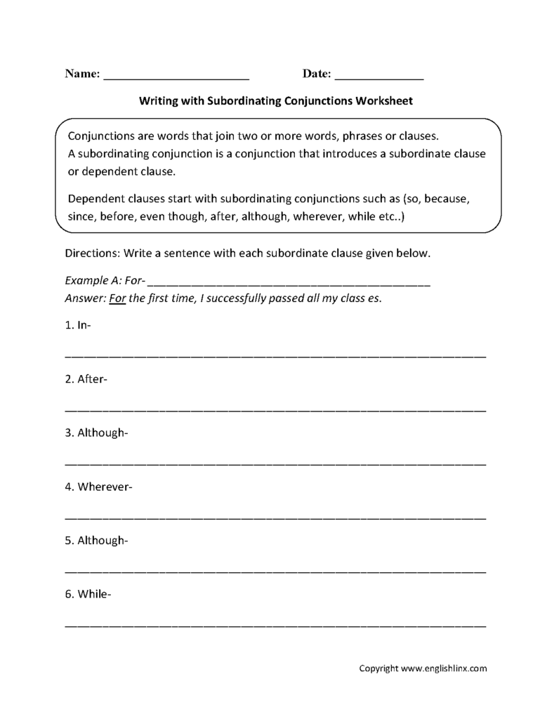 Writing With Subordinating Conjunctions Worksheets Middle School 