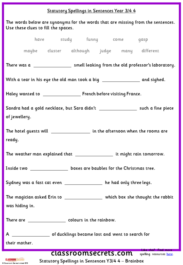 Year 3 4 Statutory Spellings In Sentences Set 3 Classroom Secrets