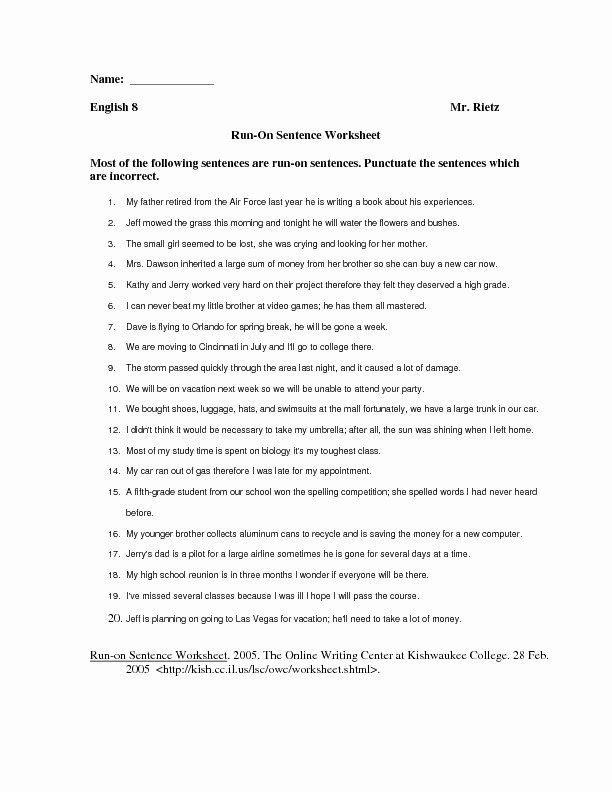 50 Run On Sentence Worksheet Chessmuseum Template Library