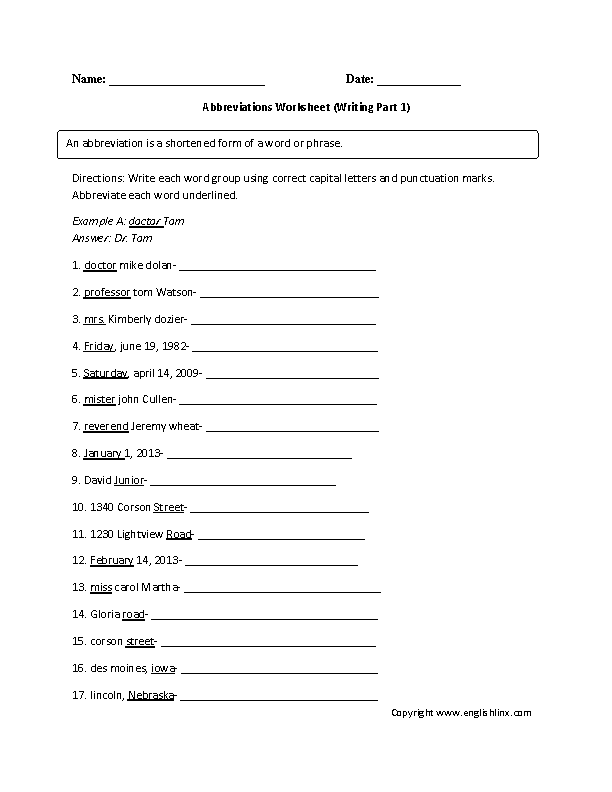 Abbreviating Words In Phrases Worksheet Abbreviations Phrase Words