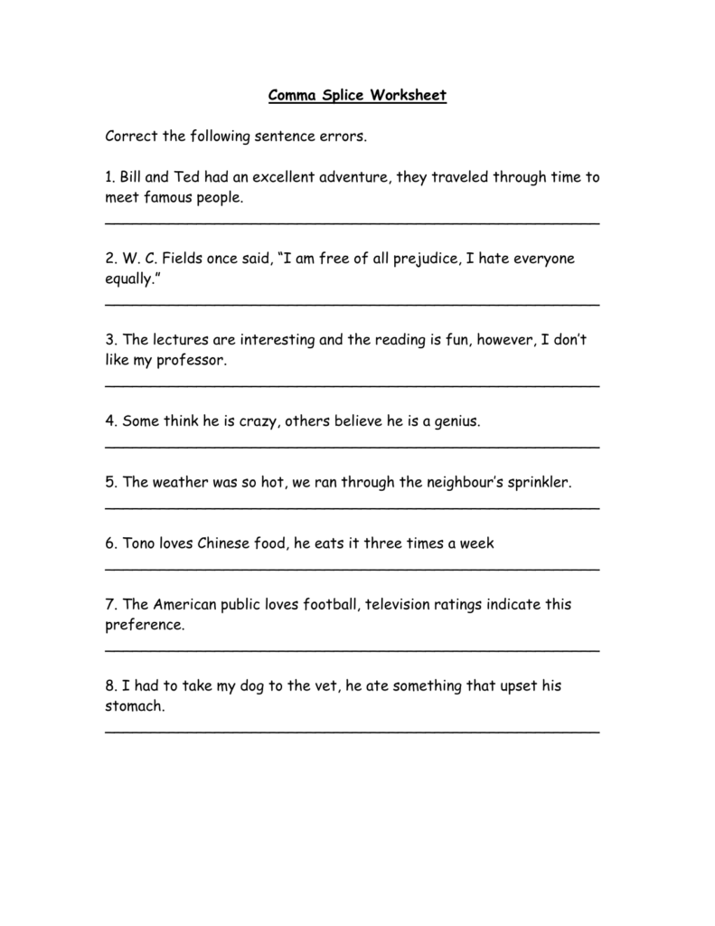 Comma Splice Worksheet Wilson