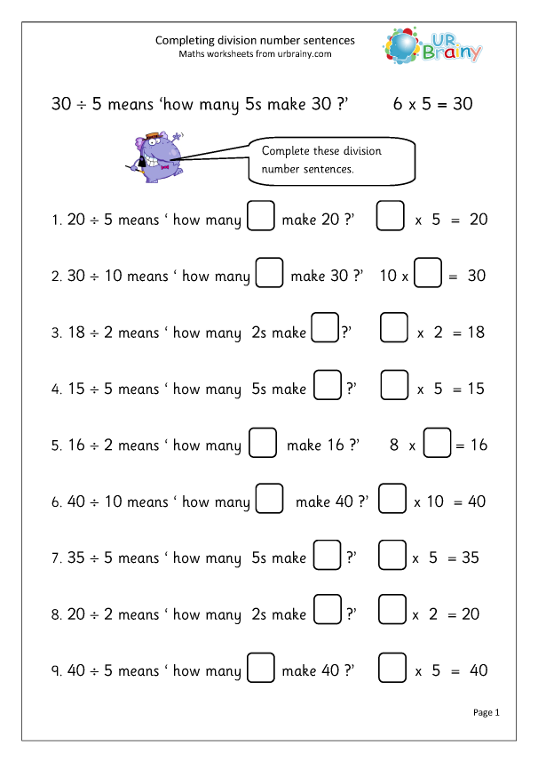 Complete Division Number Sentences Division Maths Worksheets For Year 