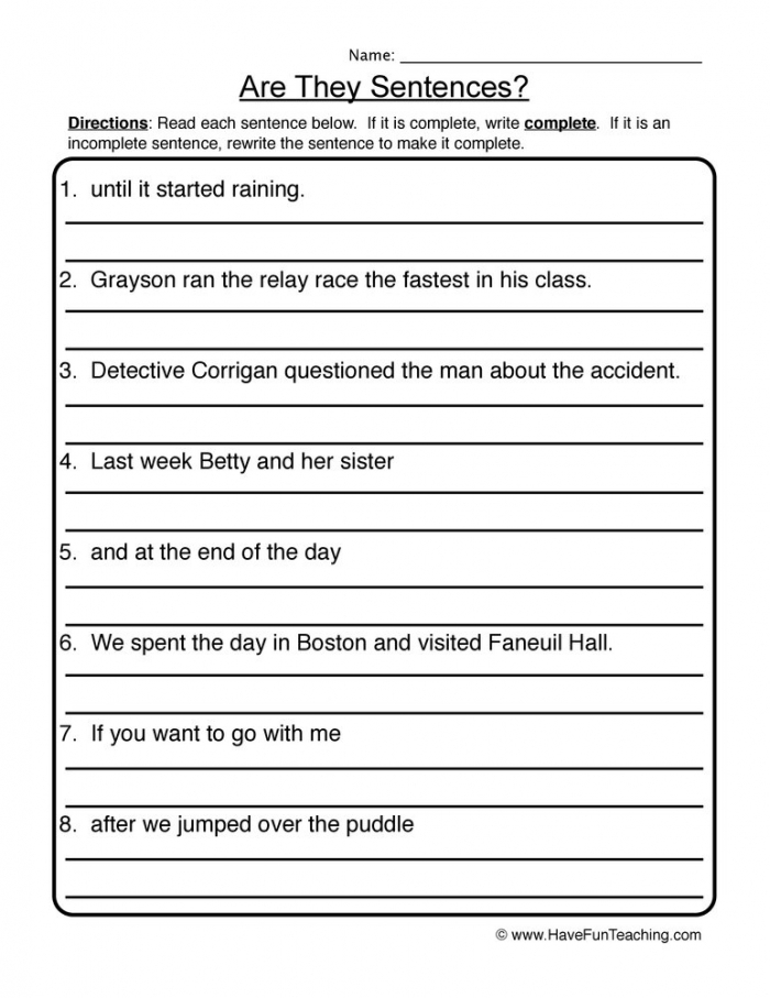 Complete Sentences Worksheets 99Worksheets