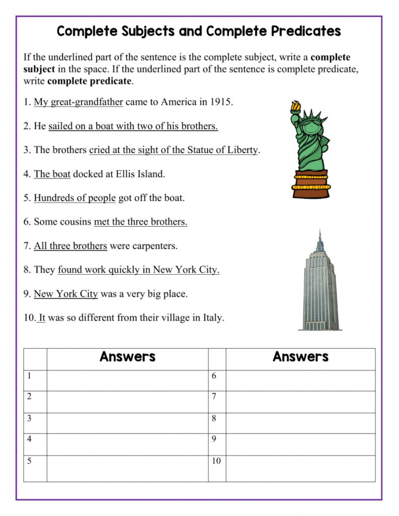 Complete Subject And Complete Predicate Worksheet