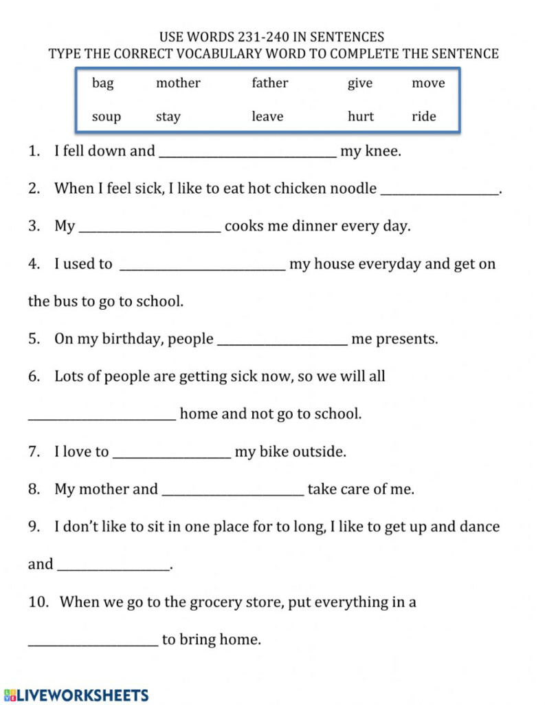 Complete The Sentence 231 240 Worksheet